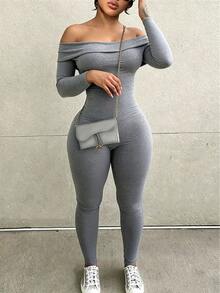 INAWLY Solva Women's Minimalist Korean Style One-Shoulder Long Sleeve Jumpsuit For Vacation - Dark Grey - View 1