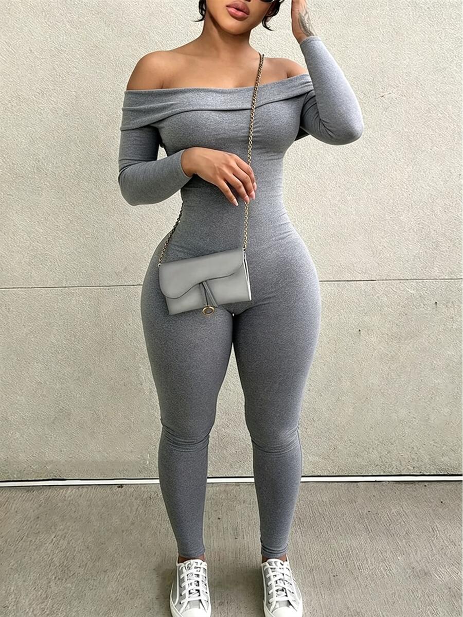 INAWLY Solva Women's Minimalist Korean Style One-Shoulder Long Sleeve Jumpsuit For Vacation - Dark Grey - View 1
