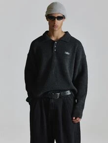Collared Knit Polo Front "MUSERO" Embroidery Ribbed Hem And Cuff Sleeves Autum Winter Essentials - Grey - View 3