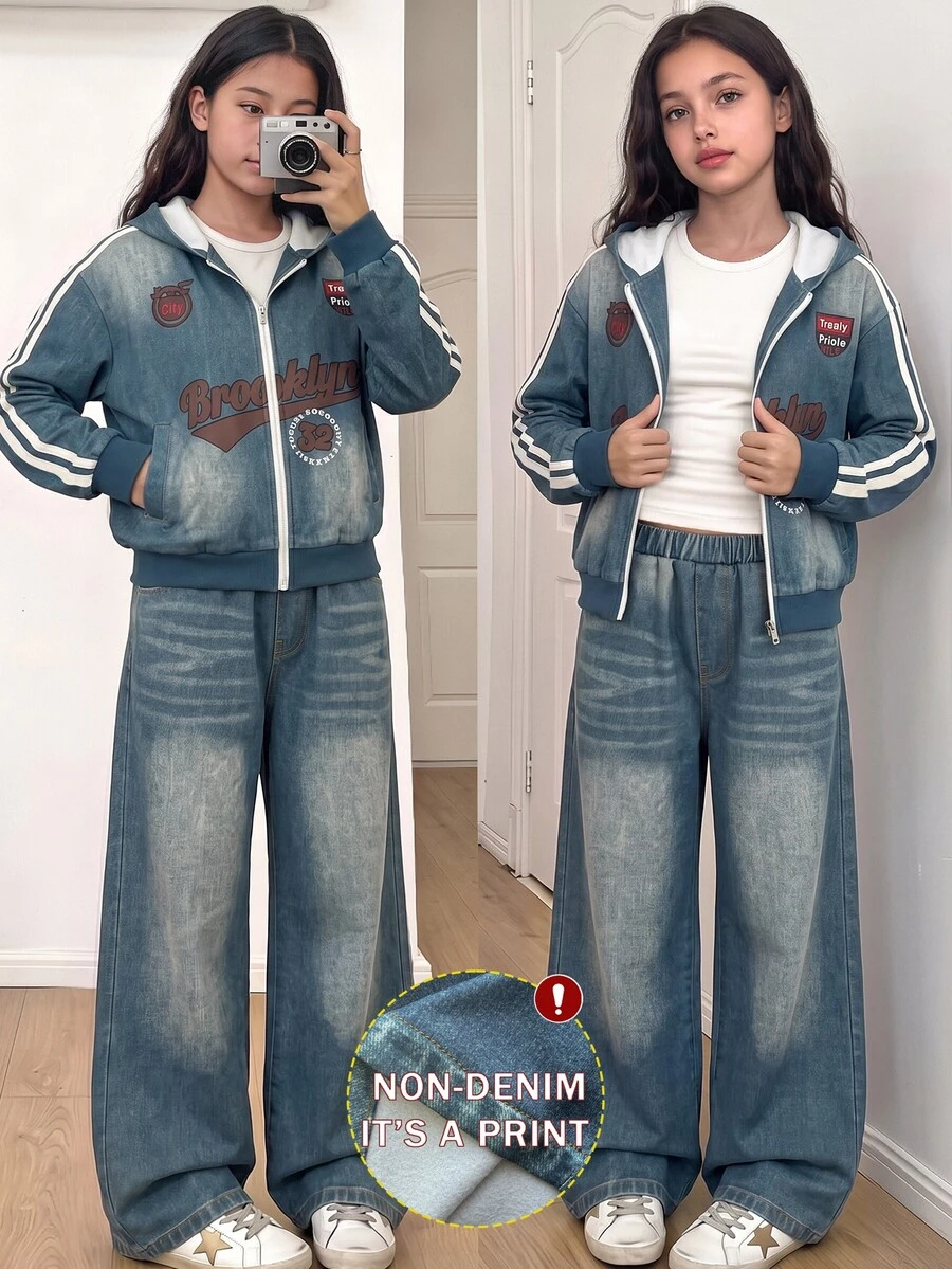 Sparklyn 2件組 青少年女孩休閒連帽拉鍊短版夾克與彈性腰寬腿褲套裝,秋季 - 藍色 - 查看 1