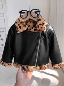 SHEIN 女嬰秋冬可愛百搭拼色保暖內裡人造毛皮夾克 皮革羊羔毛 秋季百搭街頭風豹紋 - 黑色 - 查看 7