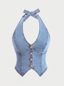 SHEIN CURVE+ Atasan Denim Leher Halter Kasual Serbaguna untuk Wanita Ukuran Plus, Cocok untuk Sehari-hari - Biru - View 1