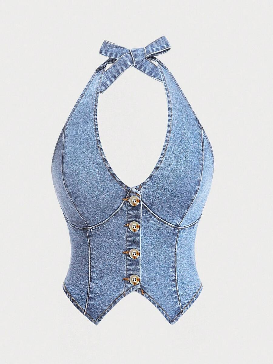 SHEIN CURVE+ Atasan Denim Leher Halter Kasual Serbaguna untuk Wanita Ukuran Plus, Cocok untuk Sehari-hari - Biru - View 1