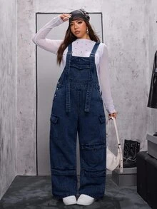SHEIN CURVE+ Overall Denim Saku Gaya Streetwear Ukuran Plus - Biru - View 8