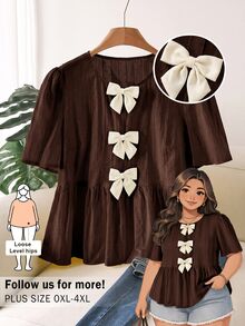 CosyJoli Plus Size Round Neck Short Sleeve Shirt, Everyday Plus Size Top, Apricot Color Plus Size Shirt, Black Bow Design - Brown - View 1