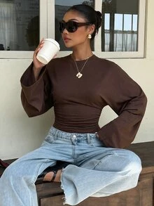 Muchica 女款棕色休閒舒適蝙蝠袖長袖秋季/冬季T恤 - 棕色 - 查看 3