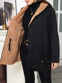 SHEIN Clasi 大尺碼女款純色長袖前拉鍊保暖內裡連帽外套 - 黑色 - 查看 5