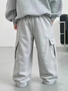 Genkimix Kids Young Young Boy' 灰色工裝運動長褲，寬腿束口褲，側邊條紋與翻蓋口袋設計，秋冬街頭風服飾 - 淺灰色 - 查看 3