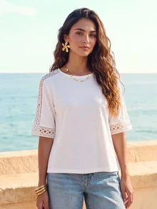 CAJUNI Women's Solid Color Round Neck Short Sleeve Contrast Lace Casual T-Shirt - White - View 3