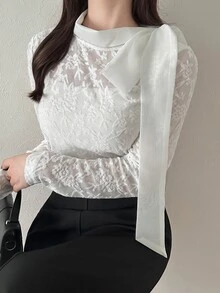 FRIFUL Women's Elegant Fashion Knot Neck Long Sleeve T-Shirt Fall - White - View 5