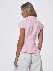 MUSERA 粉色格紋翻領短袖修身襯衫，適合秋冬季、酷女孩風格、返校與假期穿搭 - 粉色 - 查看 4