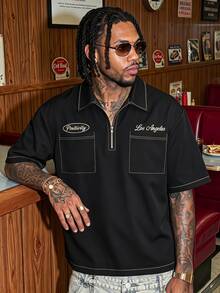 AXEPEAK 男士字母刺繡短袖口袋休閒 Polo 衫 - 黑色 - 查看 1
