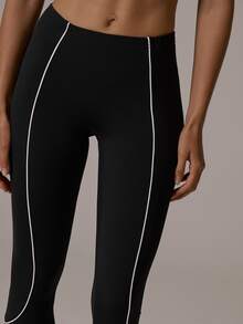 Musera Sport Legging Koordinasi Low Rise Pas Badan dengan Tepi Berpipa Kontras untuk Musim Gugur/Musim Dingin, Olahraga, Pilates, dan Gerak - Hitam - View 5
