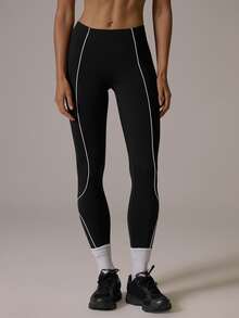 Musera Sport Legging Koordinasi Low Rise Pas Badan dengan Tepi Berpipa Kontras untuk Musim Gugur/Musim Dingin, Olahraga, Pilates, dan Gerak - Hitam - View 2