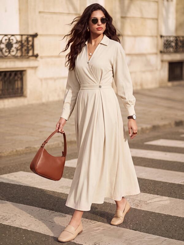 Juhart Plus Size Elegant Commuter Style Lapel Collar Metal Decor Button Long Sleeve Dress