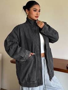 Dazy Plus Spring/Autumn New Loose Casual Distressed Washed Denim Jacket And Outerwear For Women, Plus Size Blogger Casual - Black - View 4