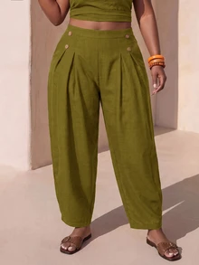 Zivah 2026 Spring/Summer Women's Plus Size New Bold, Classy Feminine Style Tummy Control Fit Breathable Lightweight Elegant Romantic Classic Brown Button Cuffed Pants - Green - View 2