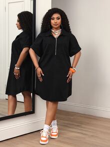SHEIN SXY 大尺碼女款拉鍊半開襟短袖休閒寬鬆牛仔洋裝 - 黑色 - 查看 4