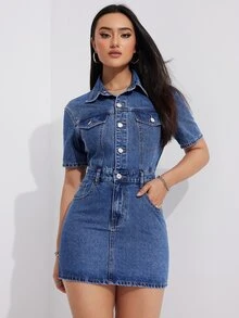Flexra Petite Women's Sexy Bodycon Utility Short Sleeve Denim Dress - Medium Wash - View 1