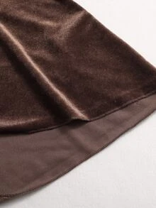 Trelyra Gaun Midi Wanita Terbaru Model Baru dengan Kerah Beludru, Kancing, Lengan Panjang, Pinggang Terikat, Hem Berkerut Asimetris, Cocok untuk Pakaian Kantor dan Liburan Musim Gugur/Dingin - Coklat - View 4