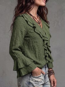 Linhara CURVE Plus Size Women's Woven Regular Fit Autumn/Winter American Vintage Western Style Casual Commute V-Neck Double Layer Ruffle Bell Sleeve Loose Relaxed Slouchy Distressed Gray Green Shirt - Green - View 6