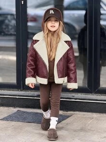 Emery Rose Kids Emery Rose Kids 女童拼色時尚拉鍊翻領PU材質秋冬夾克 - 酒紅色 - 查看 4