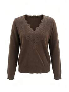 SHEIN Women's Lace Patchwork Casual Daily Long Sleeve Sweater - Brown - View 4