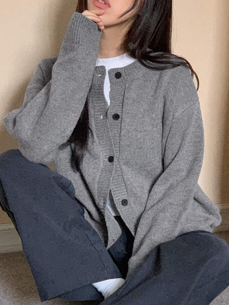 DAZY Women's Solid Color Loose Long Sleeve Round Neck Casual Vacation Autumn/Winter Knit Cardigan - Grey - View 1