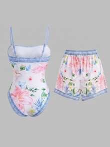 Swim Oasis 26SS Spring/Summer Pink Water Wave & Coconut Tree Print One-Piece Swimsuit With Bikini Bottoms 2 Pieces Set - Multicolor - View 3