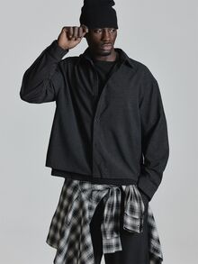 Musero Oversized Drop Shoulder Collared Shirt In Faux Denim Fabric Cropped Length Co Ord Shirt Only Autum Winter Essentials - Black - View 2