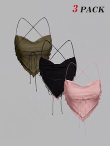 SHEIN MOD 3件組女款垂領方襬背心上衣 - 軍綠色 - 查看 2