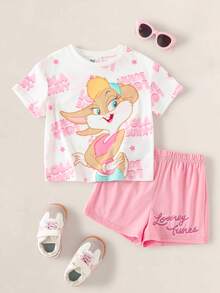 LOONEY TUNES X SHEIN Young Girl Cartoon Print T-Shirt And Shorts Set - Pink - View 1