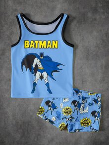 BATMAN X SHEIN 小男孩字母卡通印花休閒日常上衣短褲套裝 - 藍色 - 查看 1