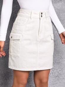 Breezaya Plus Size Women's Casual Denim Mini Skirt With Pockets And Buttons For Daily Wear - Apricot - View 1