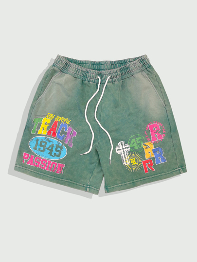 ROMWE MEN Street Life Pantalones cortos casuales de uso diario con cordón en la cintura y estampado de letras para hombres de talla grande
