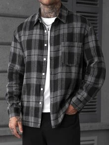 Manfinity Homme قميص رجالي كاجوال بنقشة مربعات، خريفي - الأسود - مشاهدة 1