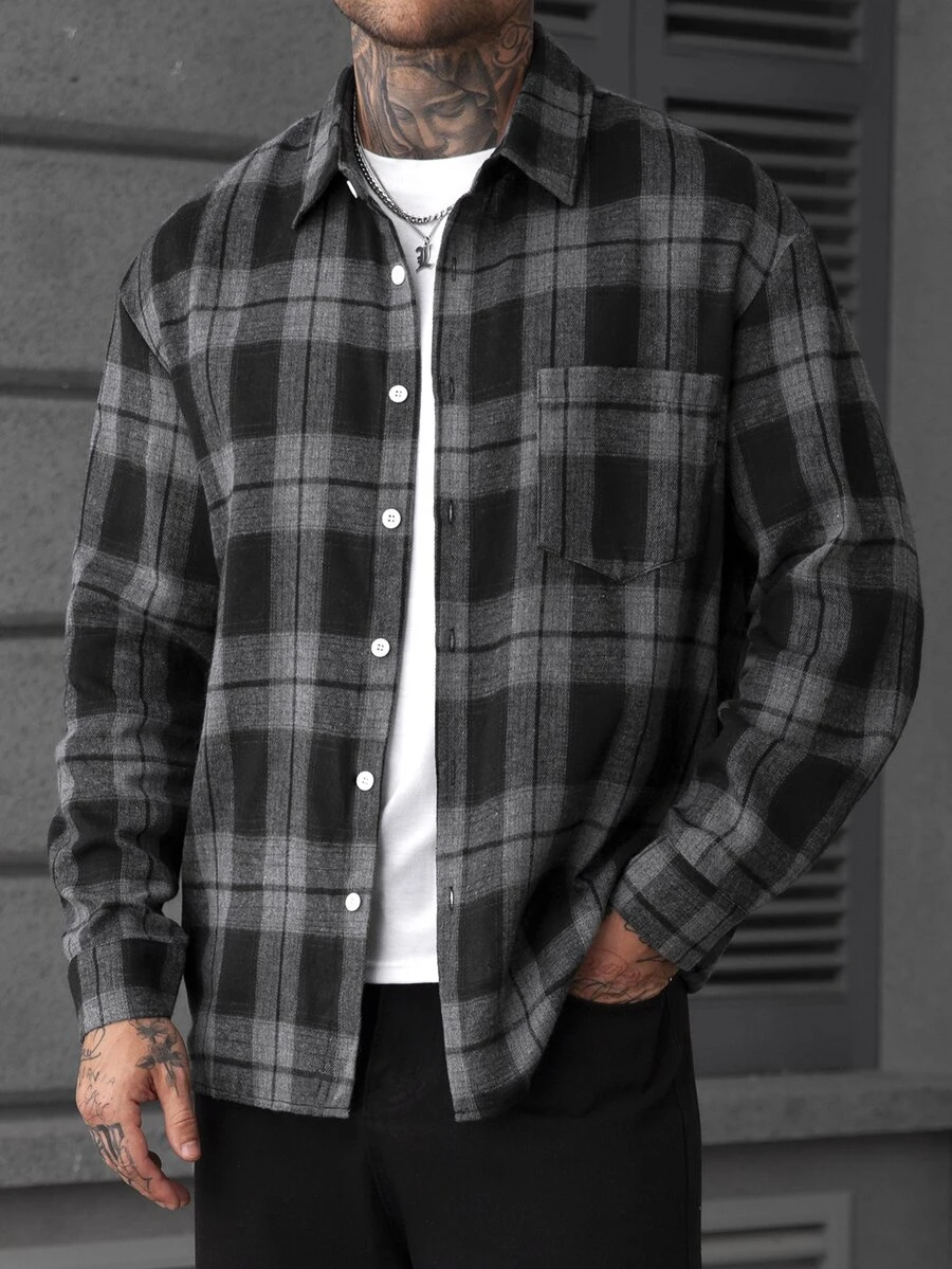 Manfinity Homme قميص رجالي كاجوال بنقشة مربعات، خريفي - الأسود - مشاهدة 1