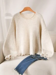 CosyJoli Slouchy Solid Color Chunky Knit Pullover Sweater With Ruffle Cuffs Loose Short Knit Top - Apricot - View 1