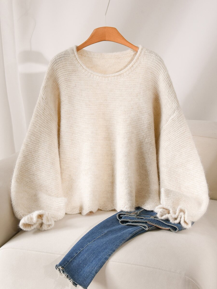 CosyJoli Slouchy Solid Color Chunky Knit Pullover Sweater With Ruffle Cuffs Loose Short Knit Top - Apricot - View 1