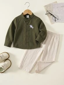 SHEIN 中性嬰兒男/女嬰 2件組秋冬休閒復古長袖上衣與長褲套裝，男嬰套裝，男嬰衣著，Squishy - 彩色 - 查看 3