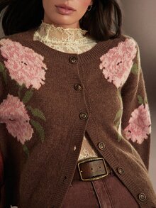WESTFADE Flower Intarsia Button Front Long Sleeve Brown Cardigan Sweater, Fall Winter 2026, Western Style, Cowgirl Clothing, Rodeo, Female Country Look, Autumn - Multicolor - View 2