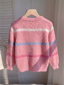 Genkimix Kids Young Girl Sweet Pink Colorblock Striped Sweater, Autumn Baby Round Neck Textured Loose Knit Pullover - Pink - View 2