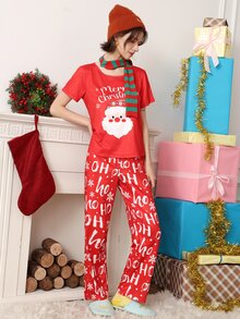Chillnights Women's Cartoon Print Short Sleeve Top And Long Pants Pajama Set - Red - View 4