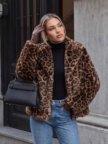 SHEIN PariChic Women's Autumn/Winter Party Street Commute Leopard Print Faux Fur Long Sleeve Jacket - Coffee Brown - View 6