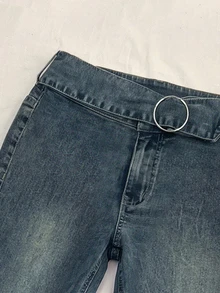 Elamini Women's Casual Denim Flare Pants With Waist Ring Connector - Blue - View 4