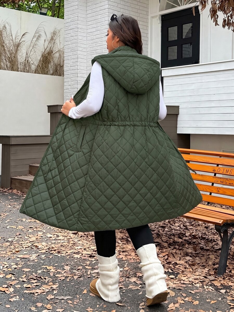 SHEIN EZwear 秋冬大尺碼加厚腰部抽繩可調節寬鬆長版外套,雙面穿 - 軍綠色 - 查看 1