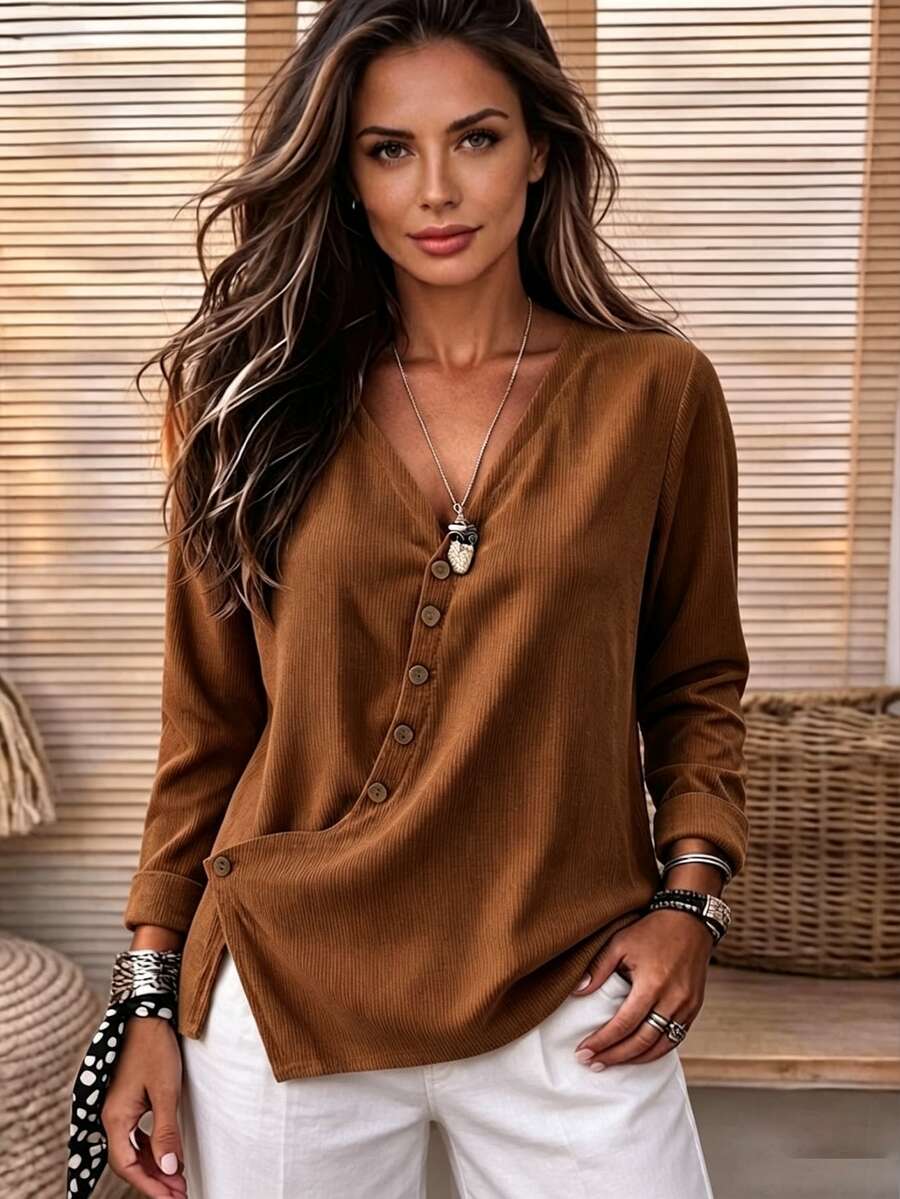 Holdful Holdful 女款秋季休閒純色裹身襯衫 早午餐度假風 棕色系 - 棕色 - 查看 1