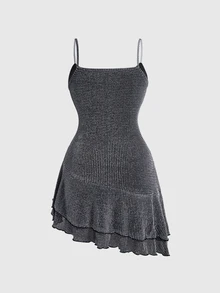 ROMWE Gold & Silver Metallic Fabric Spaghetti Strap Cinched Waist Asymmetrical Ruffle Hem Plus Size Mini Dress Birthday Party Dress - Silver - View 2