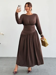 Firerie Plus Size Women's Solid Color Pleated Casual Party Dress - Coffee Brown - View 7