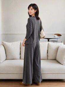 Yumoku 女款秋季休閒長袖上衣與長褲兩件套 秋季女裝 冬季女裝套裝 - 深灰色 - 查看 2